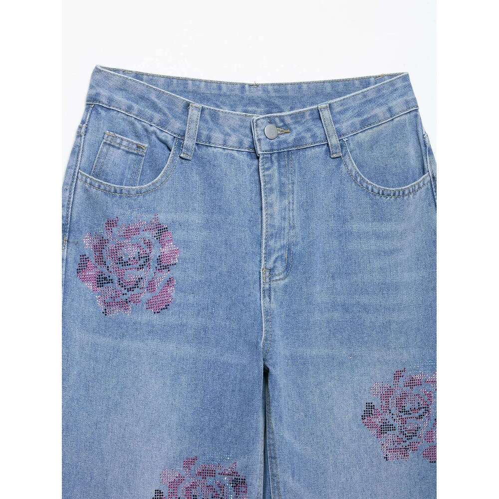 2025 new summer women's clothing casual simple fashion versatile comfortable rhinestones mid-waist loose jeans Z260313