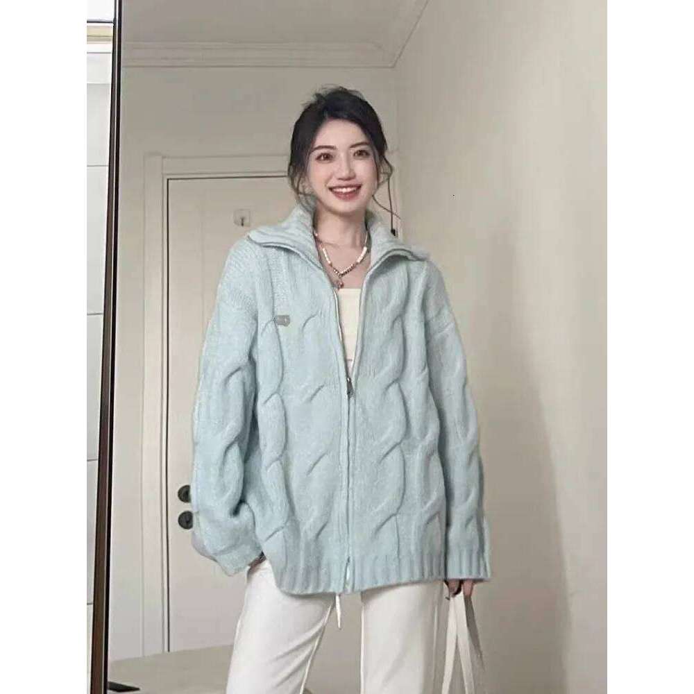 Women American Retro Blue Knitted Sweater Autumn Winter Casual Solid Y2k Cardigan Coat Ladies Sweet Fashion Outwear Tops New Z260313