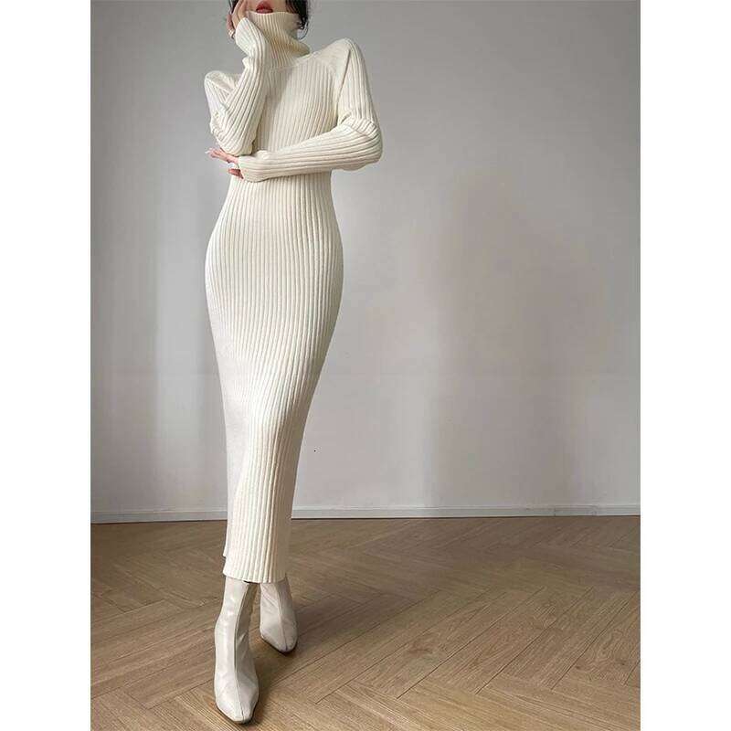 MEXZT Elegant Black Knitted Midi Dress Women Fashion Turtleneck Sweater Dresses Winter Korean Long Sleeve Bodycon Vestidos New Z260313