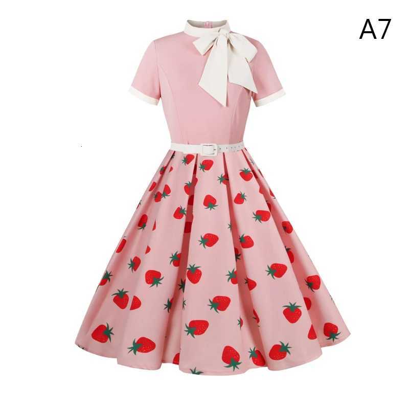 Polka Dot/Floral Prints Vintage Dress 50 60s Womens Summer Mid-length Dress with Bow Cocktail Party Swing Skirt Retro Waist FitT260314
