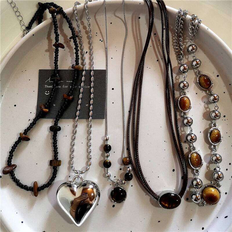 Kpop Trendy Punk Vintage Stones Heart Pendant Necklace For Women Men Gothic Hip-Hop Fashion Aesthetic Charm Jewelry Accessories H260312