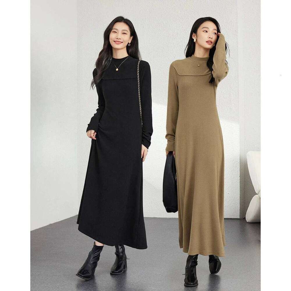 VIMLY Long Knit Woman French Half High Collar Evening Dresses 2025 Winter Office A-line Slim Fit Lady Dress M9155 Z260313