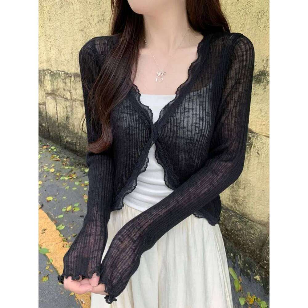 Lace Trim One Button Long Crop Top Women Short Sleeve Open Front Ribbed Knit Cardigan Sweater Summer Fairycore Outfit Z260314