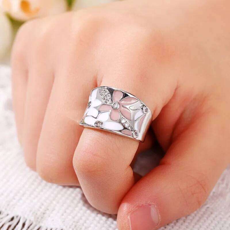 Huitan Aesthetic Enamel Flower Finger for Women Wedding Party New 2023 Ring Silver Color Luxury Cubic Zirconia Jewelry Gift H260312