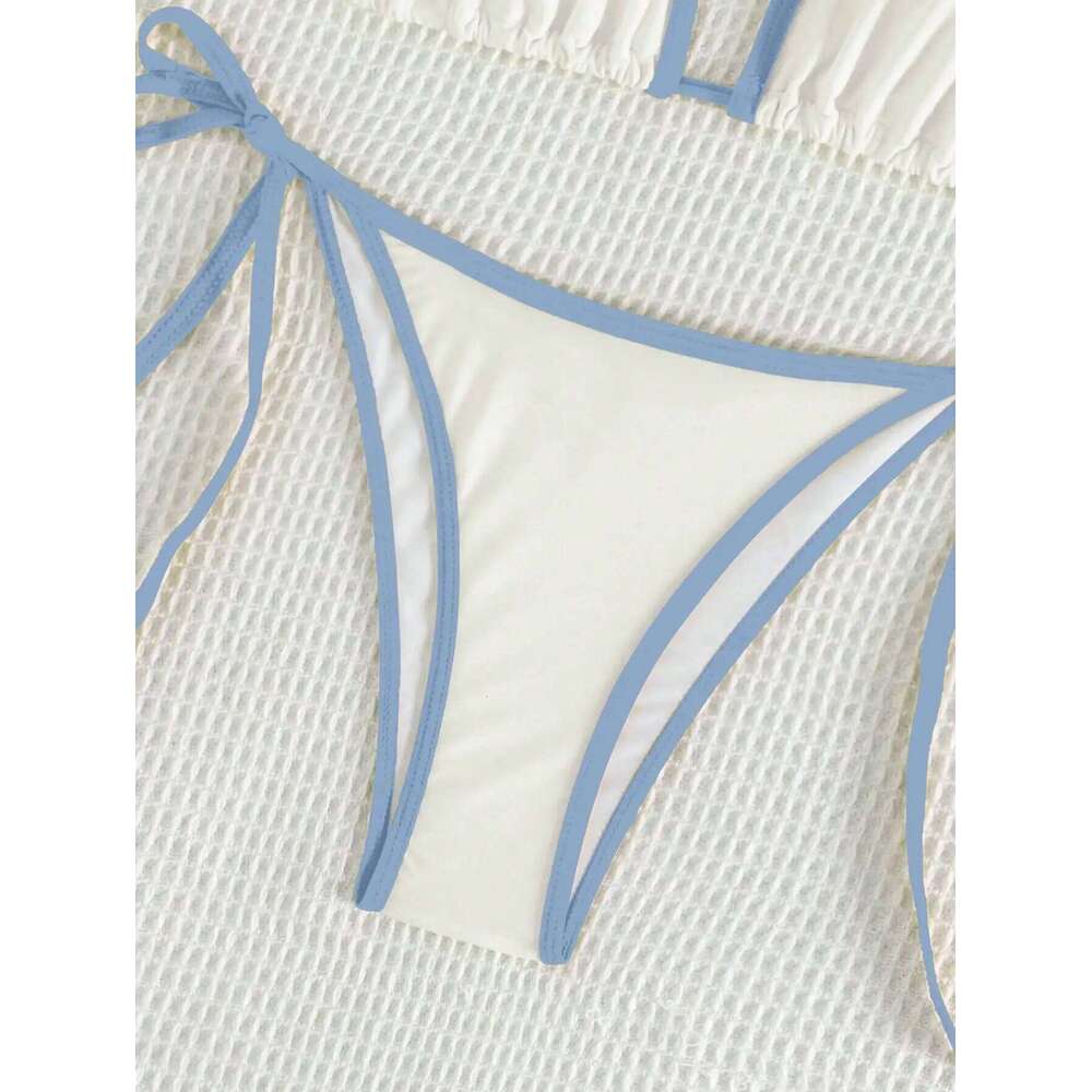 Summer white and blue color-block bow-tie pure bikini set suitable for women's beach vacation 26H0313