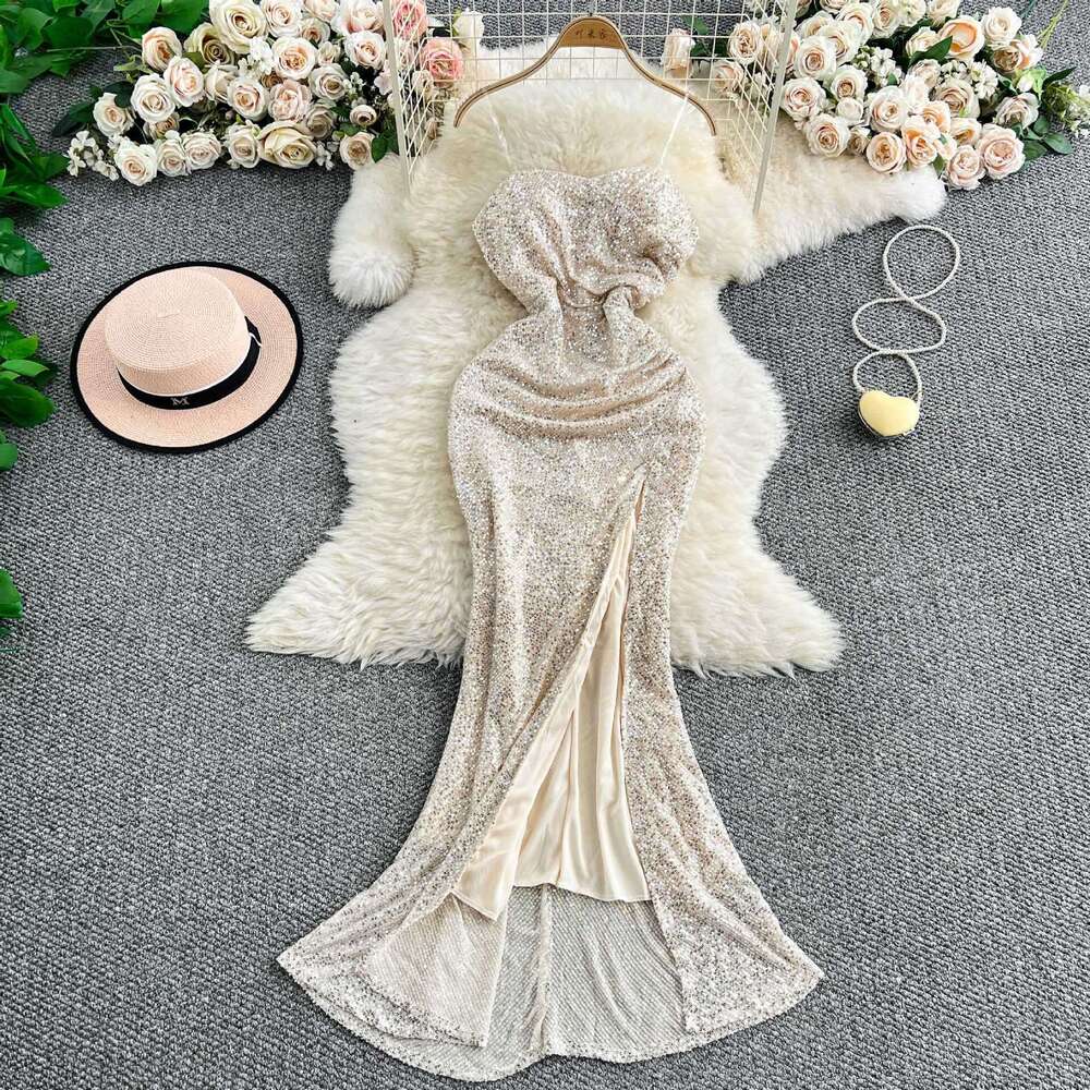 2026 Women's Evening A9 Dress Elegant and Exquisite Strapless with Ruffles, Slim Fit, Fork and Sparkling Glitter