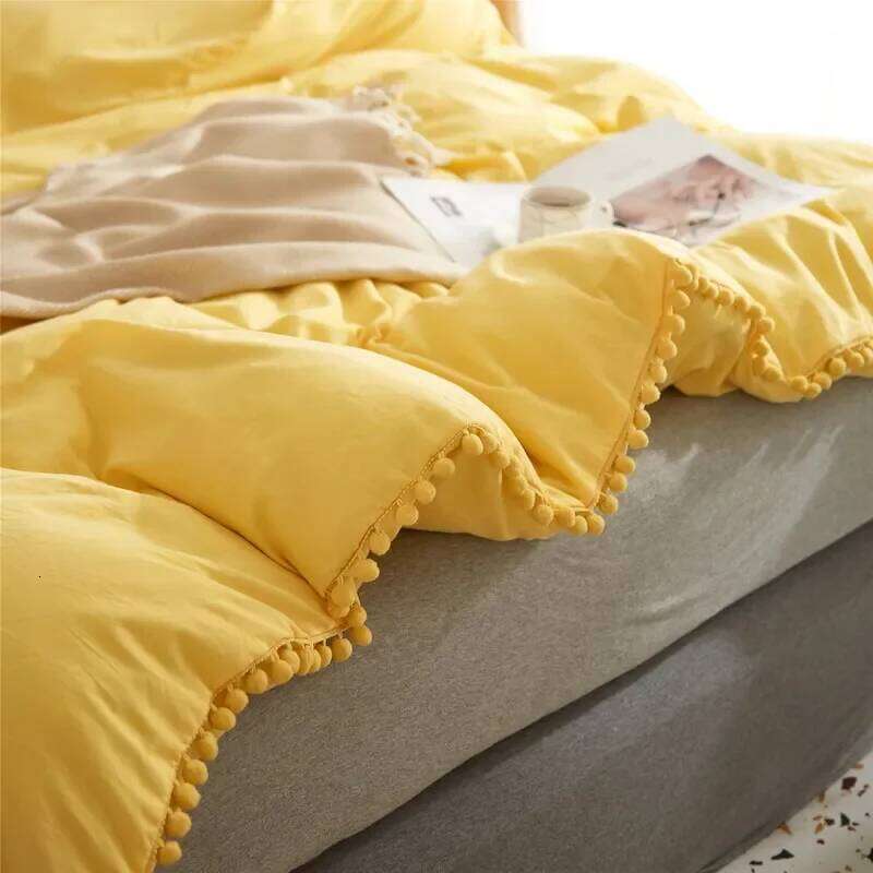 Solid Color Soft Washed Duvet Cover 3 Pieces Pillowcase Bedding Set for Twin Full Queen King Size Cute Pom-pom Decoration H260312 - view 7