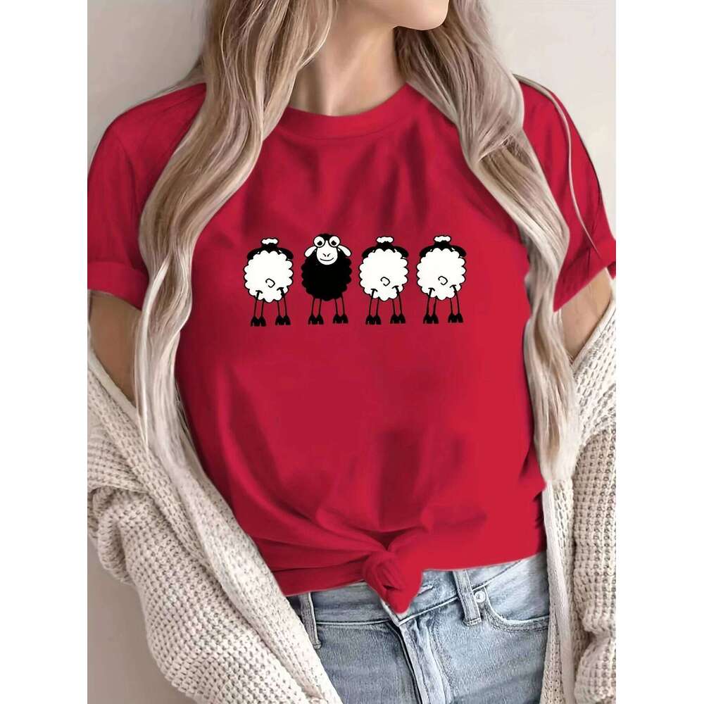 T-shirt Casual Short Sleeve Top Four Sheep Print Round Neck Aesthetic Clothes Z260314