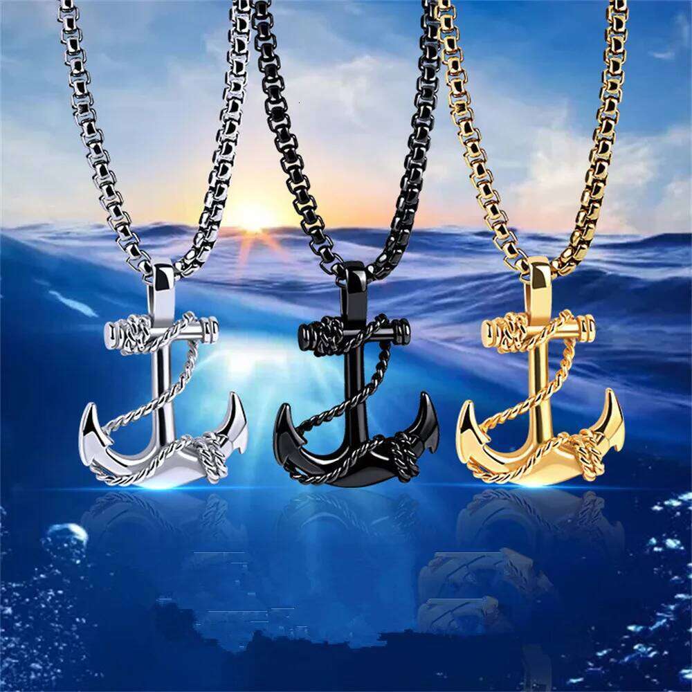 Wu's 2022 Double Sword Pirate Titanium Steel Retro Halloween Skull Ghost Head Anchor Necklace Imitation Turquoise Ancho H260312