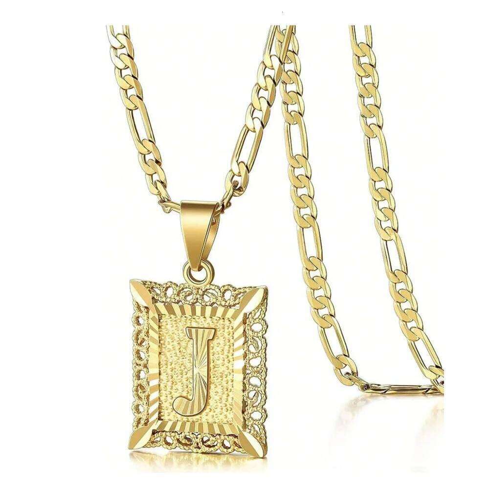 Initial Square Letter Pendant Capital Monogram Alhpabets From A-Z Figaro Chain Necklace H260312