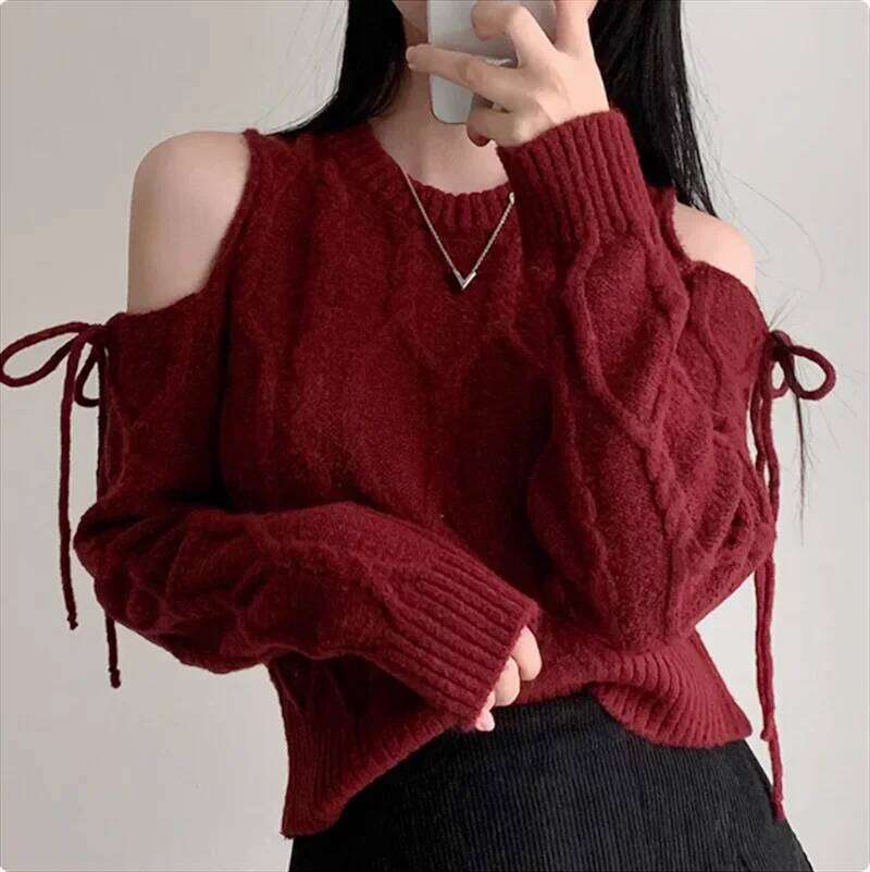 Casual O Neck Long Sleeve Knitted Tops Y2k Off Shoulder Pullover Elegant Solid Sweater Autumn Winter Korean Lace Up Knitwear Z260313