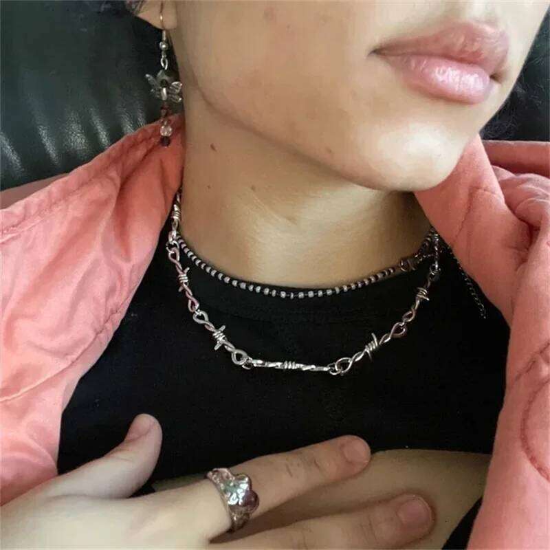 Barb Chain Thorned Y2K punk y2k chain necklace -Barbed Wire Choker - Alternative Gothic Jewelry H260312