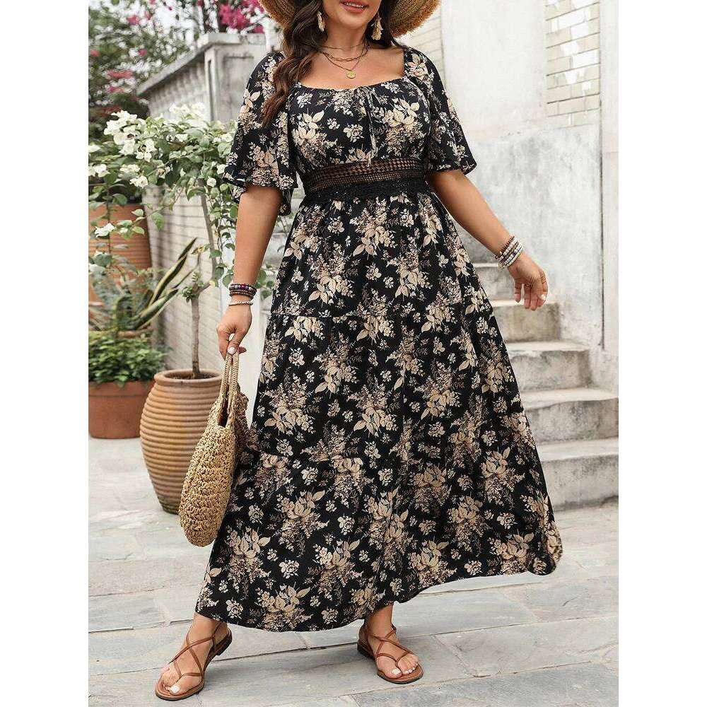 GIBSIE Plus Size Square Neck Floral Print Maxi Dress Women Summer 2025 Knot Front Hollow Out Boho Vacation Big Swing Dresses
