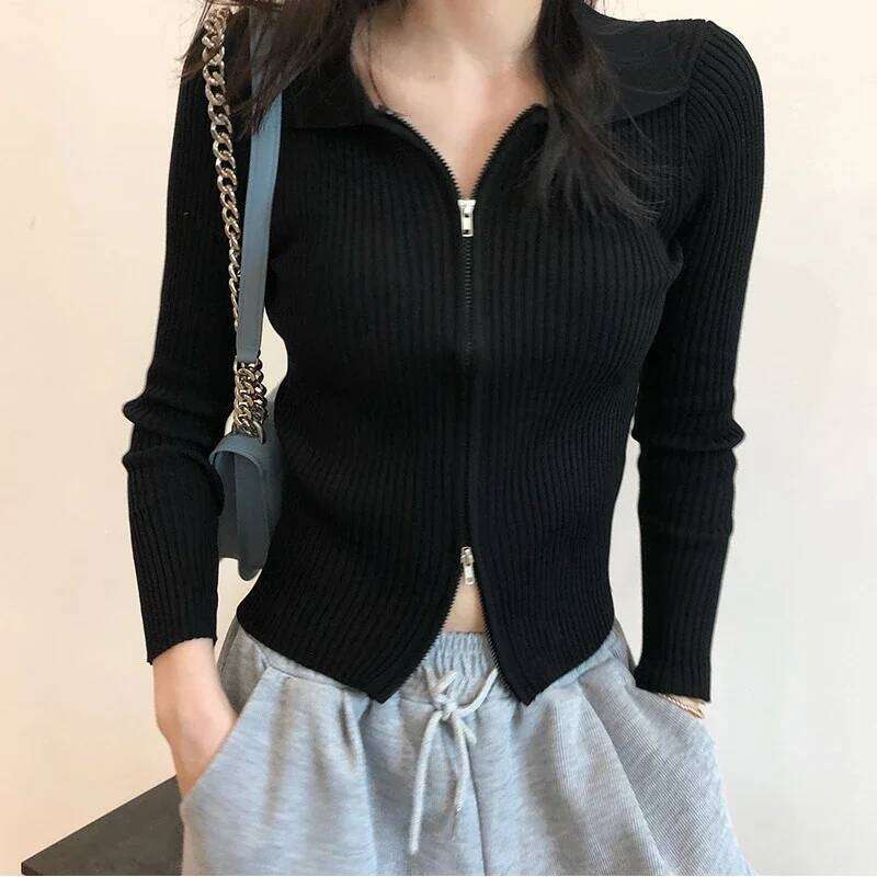Autumn Knitted Cropped Cardigan Double Zippers Slim Korean Short Cardigans WomenWomen's Sweater Jacket Long Sleeve Tight Solid Z260313