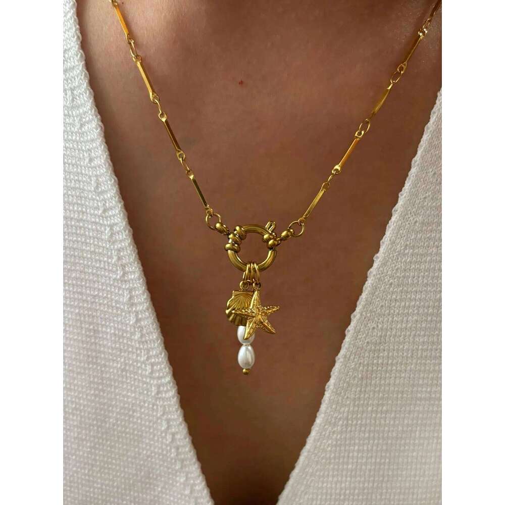 Peri'sbox Jewelry Trends 2025 Imitation Pearl Sea Star Shell Stainless Steel Women's Pendant Choker Necklaces beach Accessories H260312
