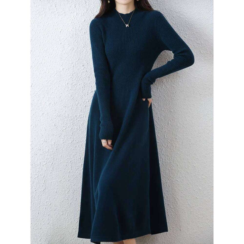 Autumn Winter Women's Dress Sweater Mock Neck Pullover Thick 100% Merino Wool Knitwear Chic Soft Cashmere Skirts A-Line Top Z260314