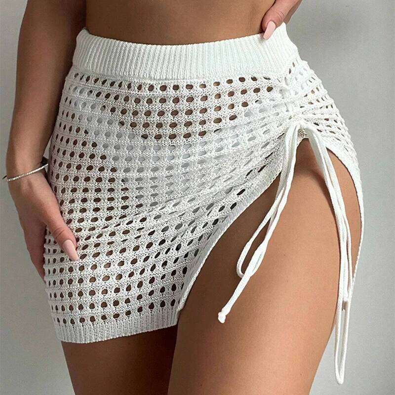 Elegant Spring Summer Beach Fashion Knit Short Hollowed out Bikini Cover Skirt for Women Z260314