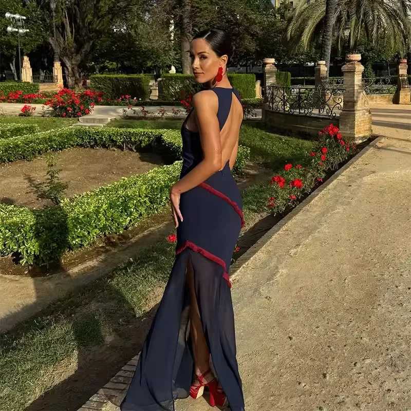 Tidalyf 2025 Women Color Block Backless Dress Sleeveless Round Neck with Fringe Trim and Sheer Chiffon Hem Sexy Party OutfitT260316