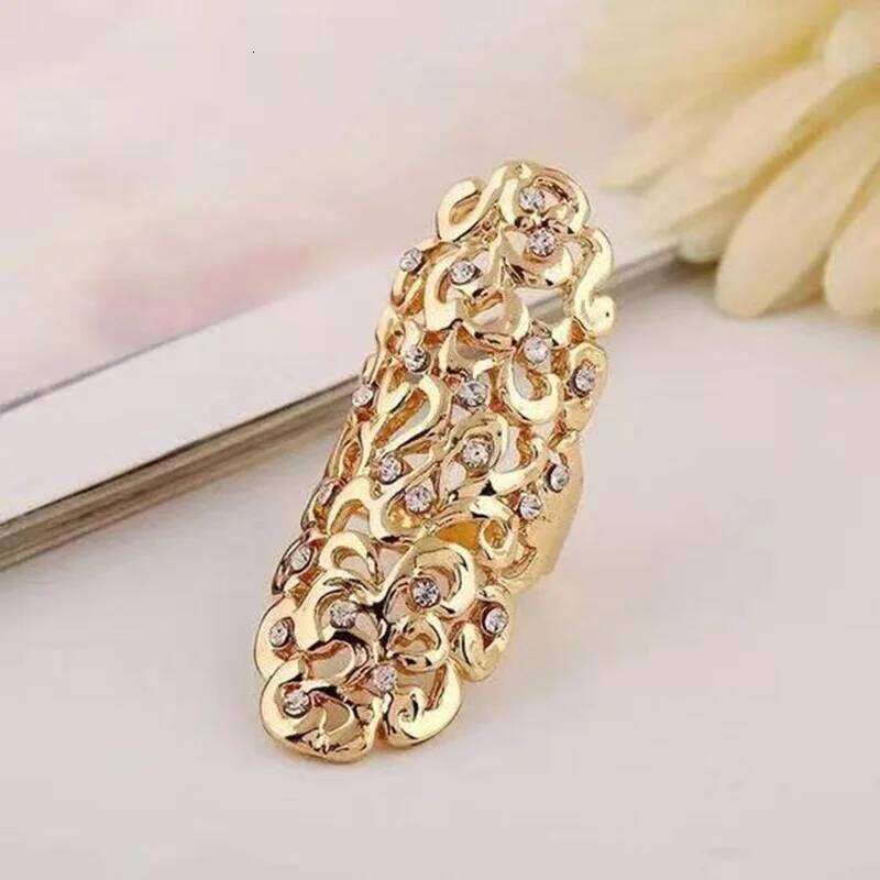 Milangirl Popular Retro Exaggerate Hollow Out Crystal Gold Color Big Knuckle for Women Jewelry Gifts Long Wedding Rings H260312