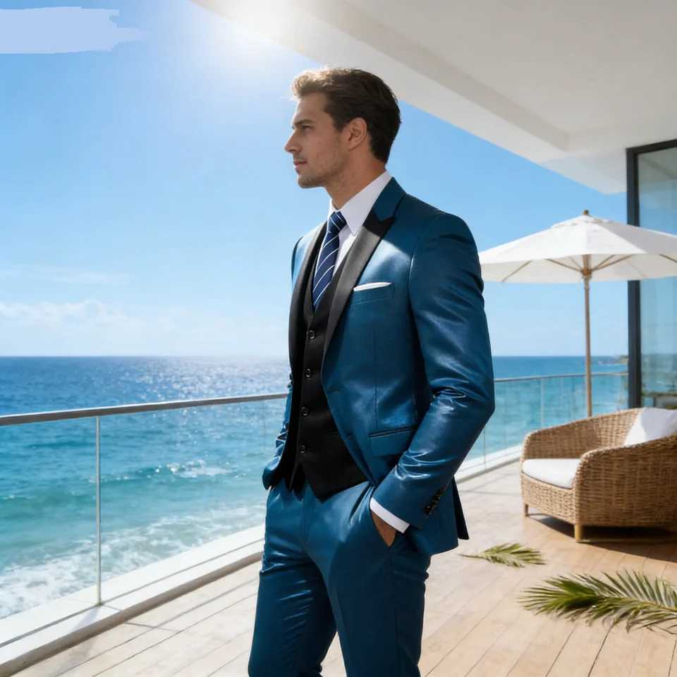 Mens Business Casual Slim-fit Solid Color Blazer Vest Pants Set Outdoor Trendy Wedding Host Formal Wear Terno De Caval M260313