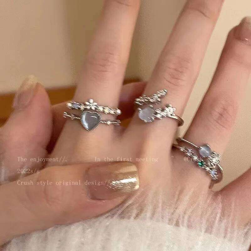 New Y2K Crystal Kpop Heart Adjustable Ring Irregular Geometry Punk Vintage Rings Set for Women Girls 2024 Fashion Jewelry H260312