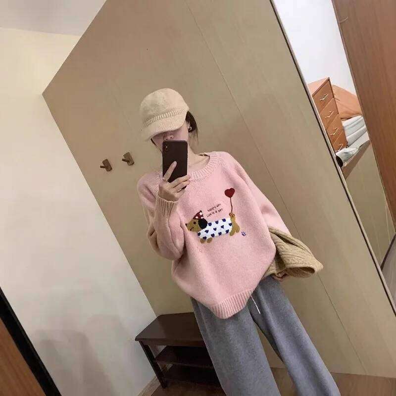 Korean Blue Puppy Towel Embroidered Raccoon Velvet Sweater for Women in Autumn and Winter Loose Outerwear Knitted Top Z260313