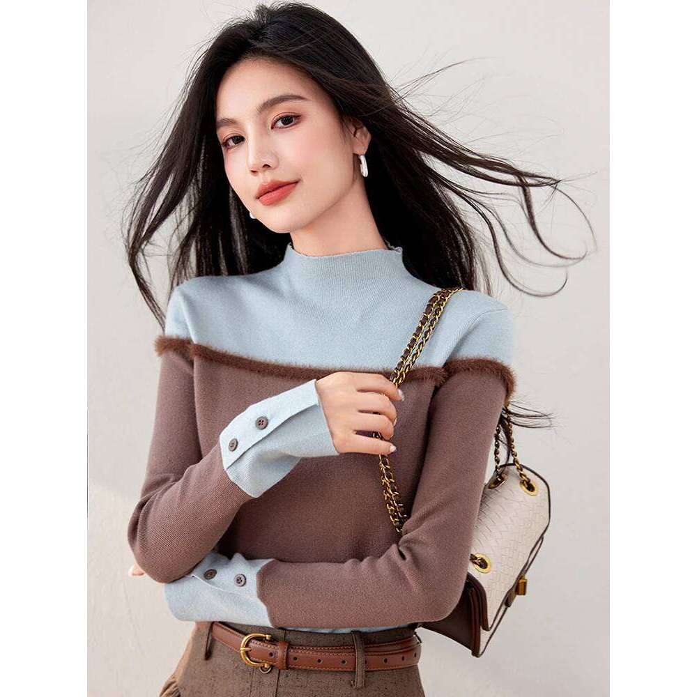 Half Turtleneck Colorblock Knitted Women's 2024 Autumn Winter New Long Sleeve Bottoming Solid Sweater Female Slim Tops Z260314