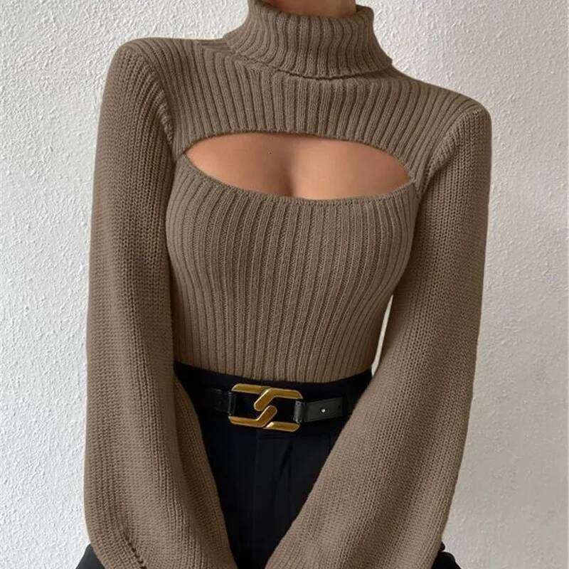Autumn and Winter Sexy Loose Versatile High Neck Hollow Breast Leakage Sweater Women Z260313