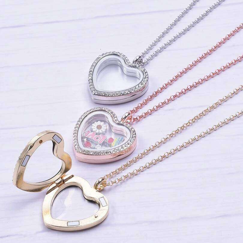 Heart Locket Pendant Necklace For Women Men Accessories Rhinestone Floating Lockets Charm Necklaces Fashion Jewelry Gift 3 Color H260312