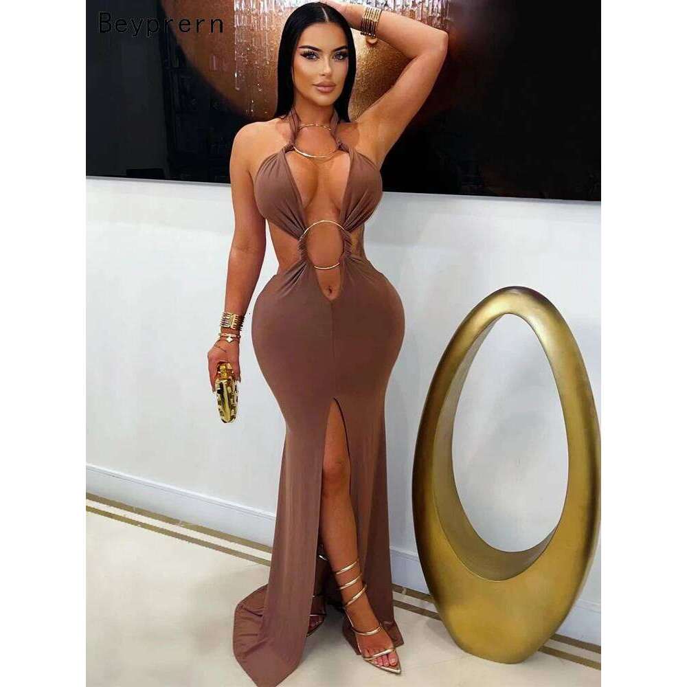 Beyprern New Chic Halter V Neck O Rings Long Maxi Dress Glam Women Sexy Backless Ruched High Slit Party Dresses Birthday Outfits