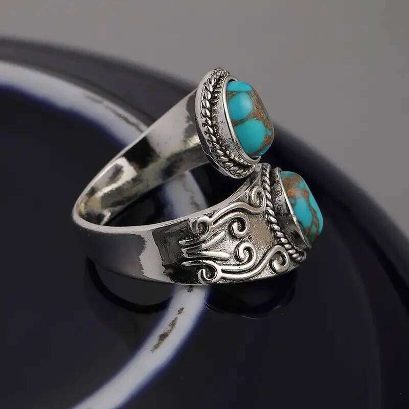 Huitan Vintage Style Opening Ring Female Anniversary Party Accessories Retro Blue Imitation Turquoise Stones Finger Jewelry Gift H260312