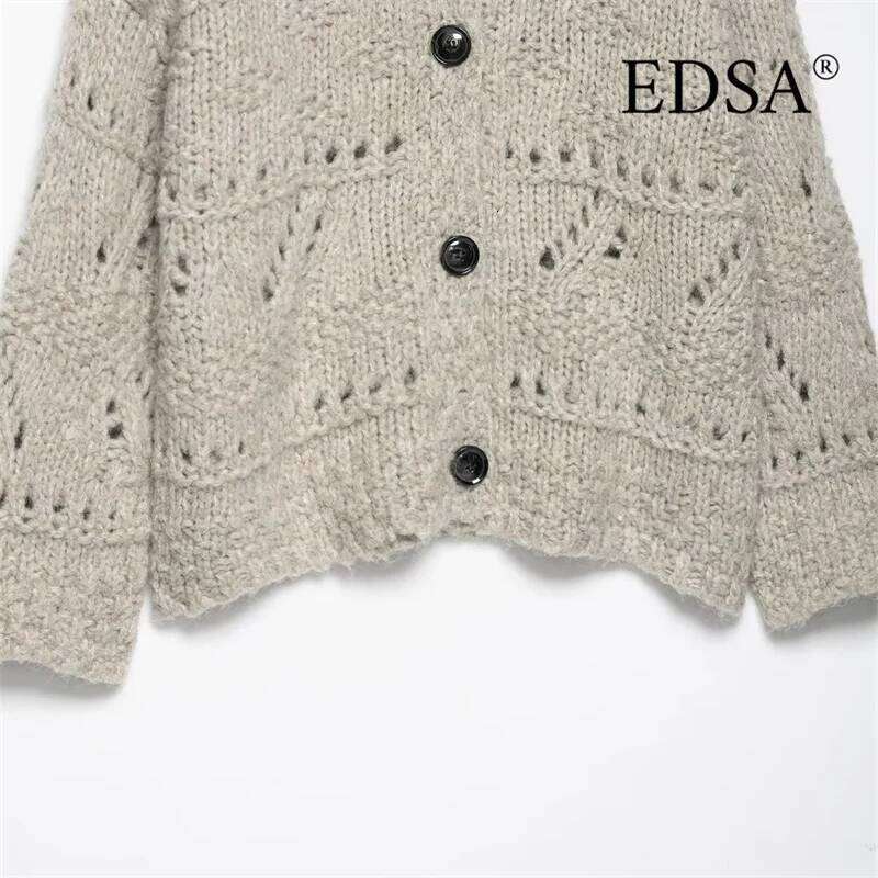 EDSA Women Knitted Cardigan Single Breasted Revere Collar Long Sleeves for Spring Autumn Loose Female Tops Z260313