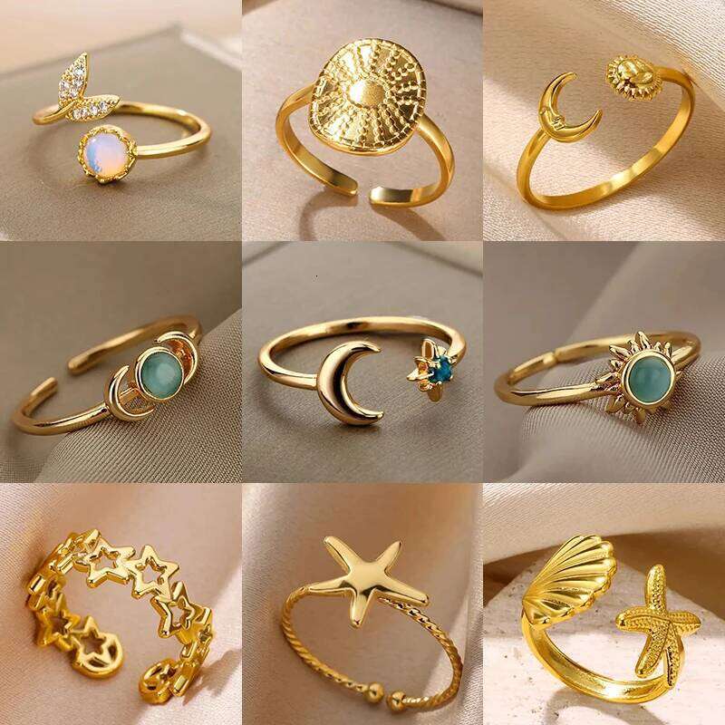 Zircon Rings For Women Stainless Steel Glowing Moon Star Adjustable Finger Ring Aesthetic Wedding Jewelery Gift Femme H260312