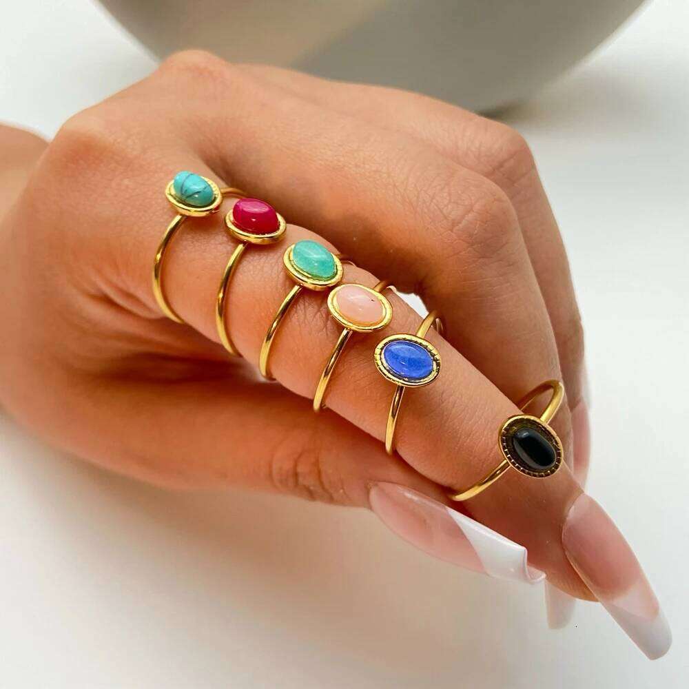 Stainless steel 18k Gold plated Minimalist Natural stone Obsidian Adjustable Stackable ring for Women H260312