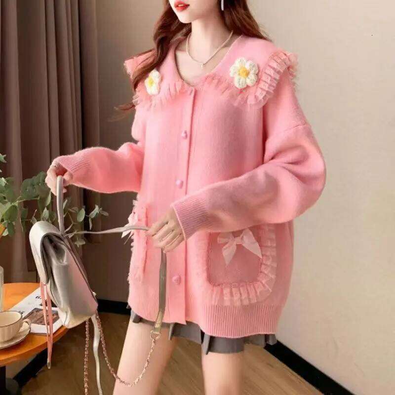 3D Flower Peter Pan Collar Packets Bow Lace Cardigan Sweaters Women Pullover 2025 Autumn Winter New Loose Knitted Sweater Tops Z260313