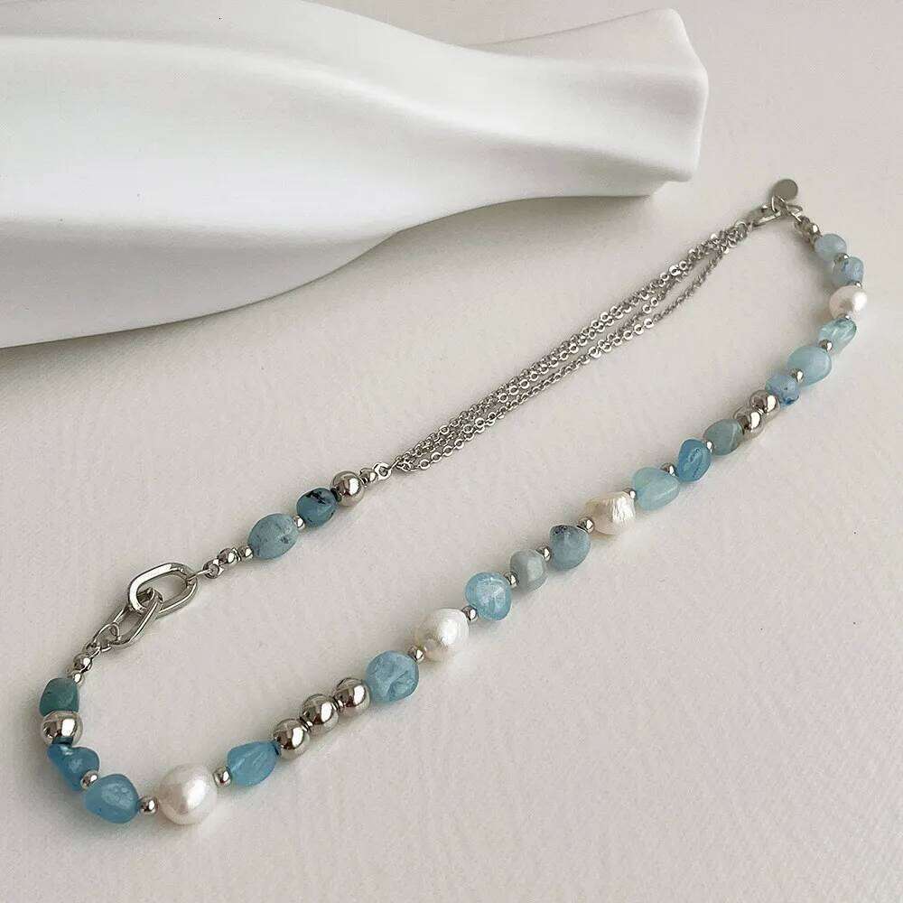 kshmir Natural stone blue crystal necklace baroque natural freshwater pearl niche design feeling fresh clavicle chain women H260312