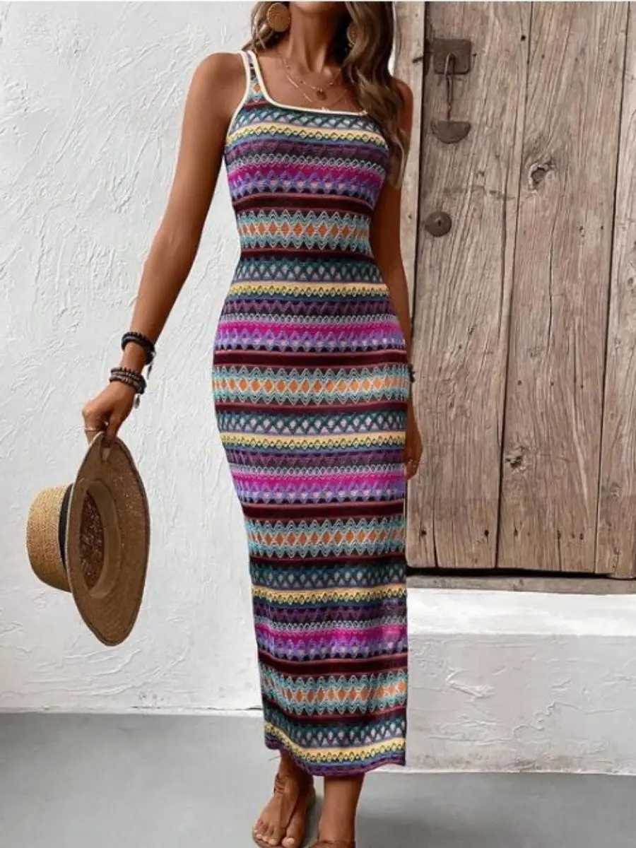 Spring new European and American womens personality street fashion casual stripes sleeveless square collar dress womenT260314