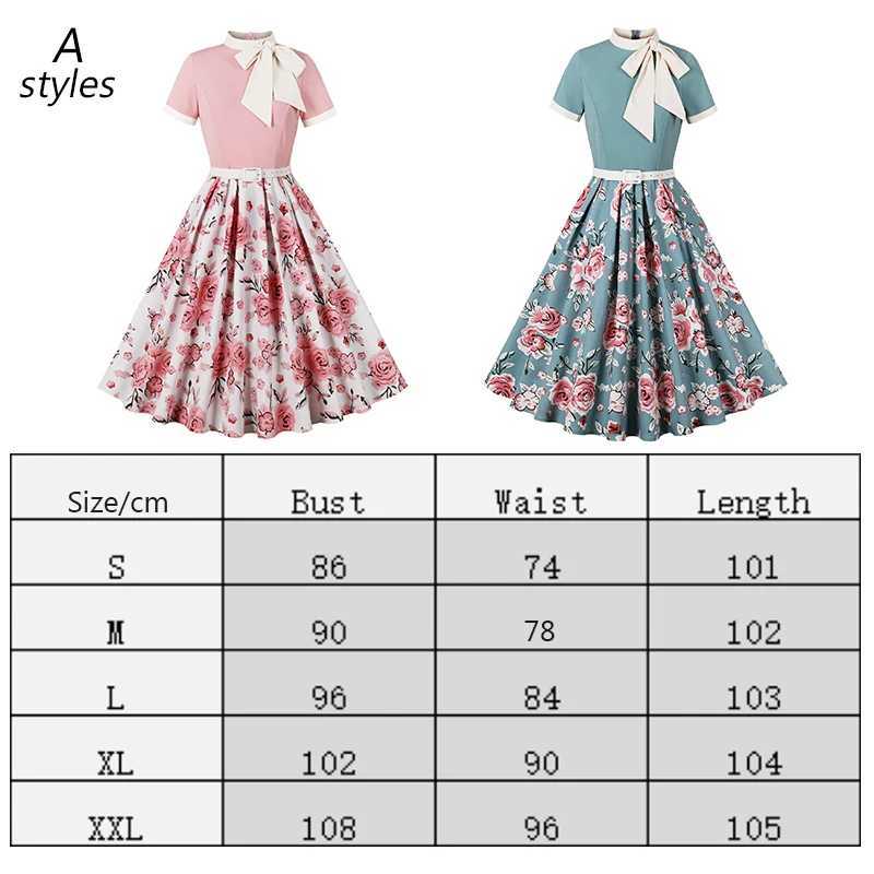 Polka Dot/Floral Prints Vintage Dress 50 60s Womens Summer Mid-length Dress with Bow Cocktail Party Swing Skirt Retro Waist FitT260314