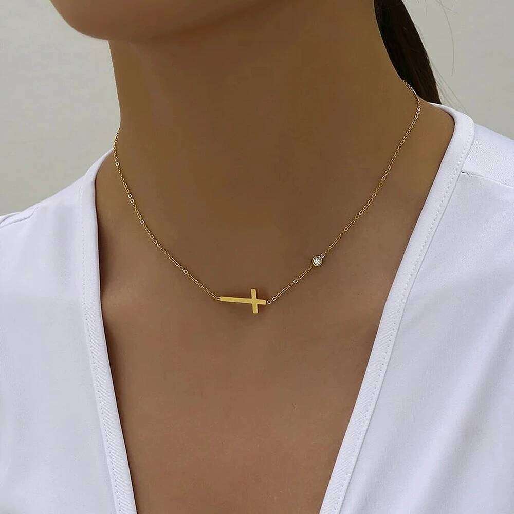 DGIDDK Stainless Steel Cross Pendant Rhinestone Light Exquisite Necklace Women's Jewelry H260312