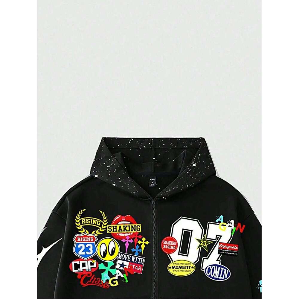 Street Style Graphic Print Zip-Up Hoodie with Patchwork Design for Casual Wear Z260315