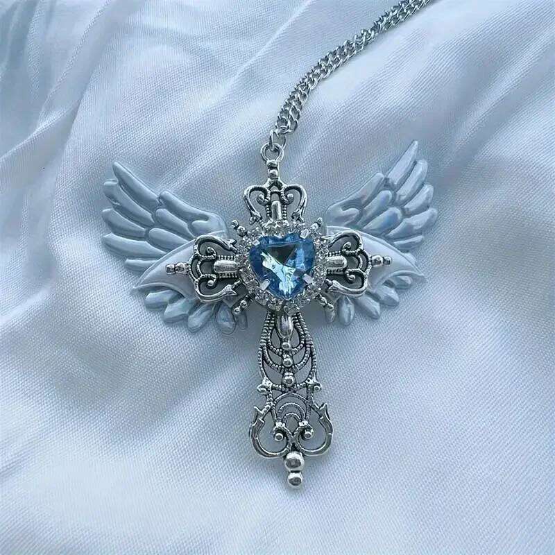 Y2K Inspired Gothic Wings and Cross Pendant Punk Choker Necklace, Heart Shaped Faux Zirconia - Perfect Valentine's Day Gift H260312