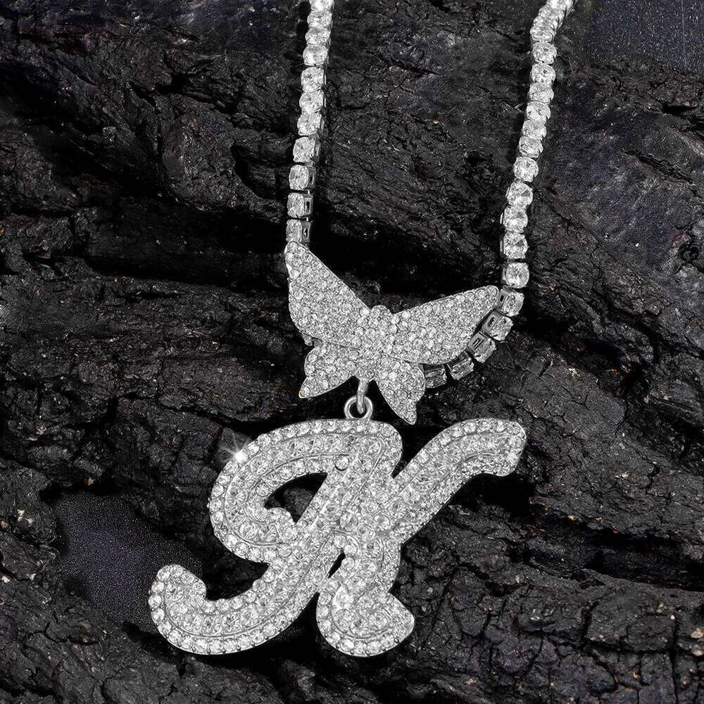 Men Women 14MM Cuban Chain Crystal Butterfly Initials Name Pendant Iced Out Cursive Letters Rapper Necklace Jewelry New H260312