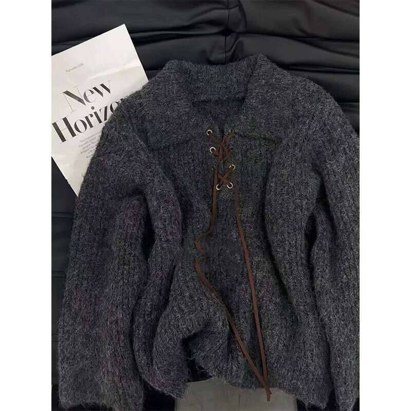 MEXZT Vintage Sweater Women Harajuku Lace Up Knitted Pullovers Streetwear Korean Knitwears Winter Long Sleeve Casual Jumpers New Z260314