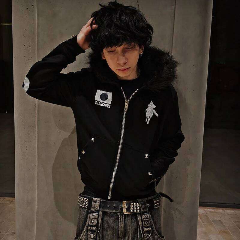 Harajuku Y2K retro aesthetic unisex hoodie casual zipper cardigan print fur collar sweatshirt rock punk hip hop goth streetwear Z260315