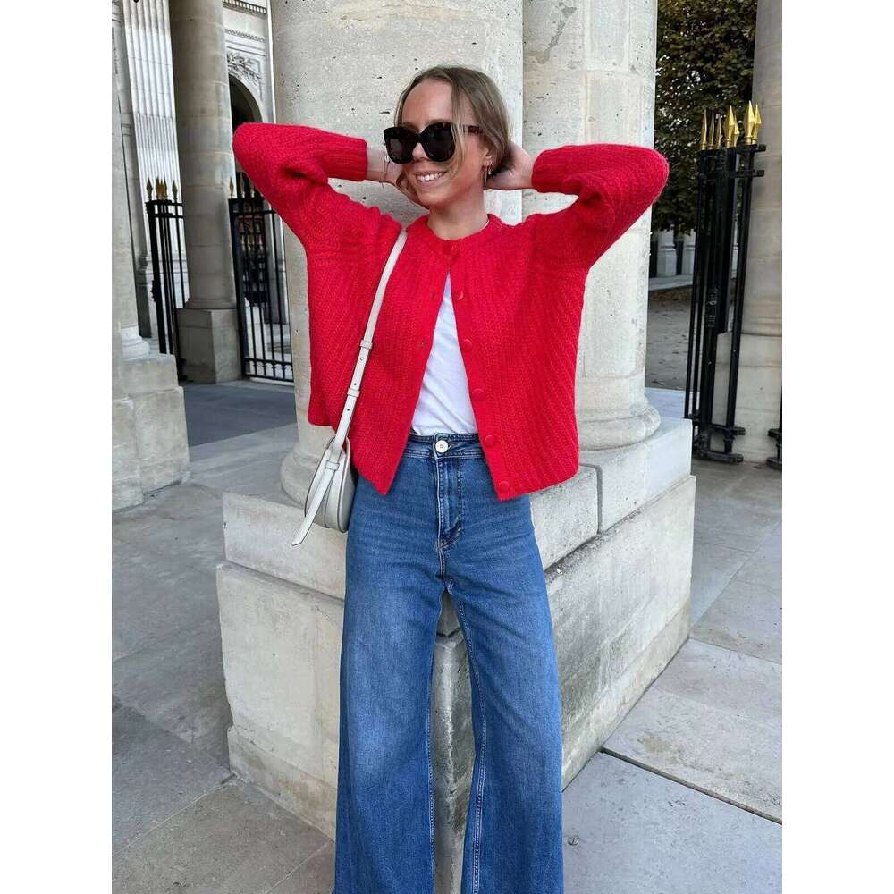 Women O-neck Single Breasted Cardigan Knitted Coat 2025 Autumn Winter Casual Long Sleeve Red Warm Sweater Tops Clothes Z260314