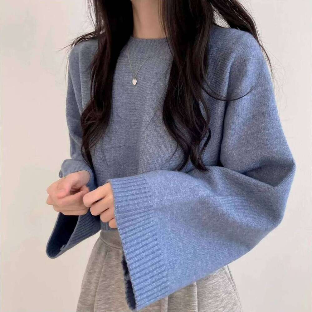 2025 Autumn Winter Korean Chic Sweater New Lazy Style Solid Color Loose Long-sleeved O-Neck Knitted Pullovers Z260313