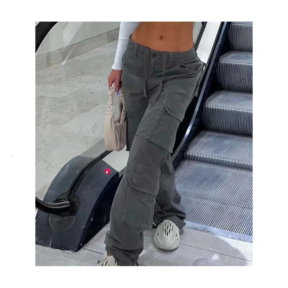 Summer Womens Vintage Grey Cargo Pants High Waist Wide Leg Jeans Baggy Casual Fashion Multiple Pockets Mom Hip Hop Street Style Z260314