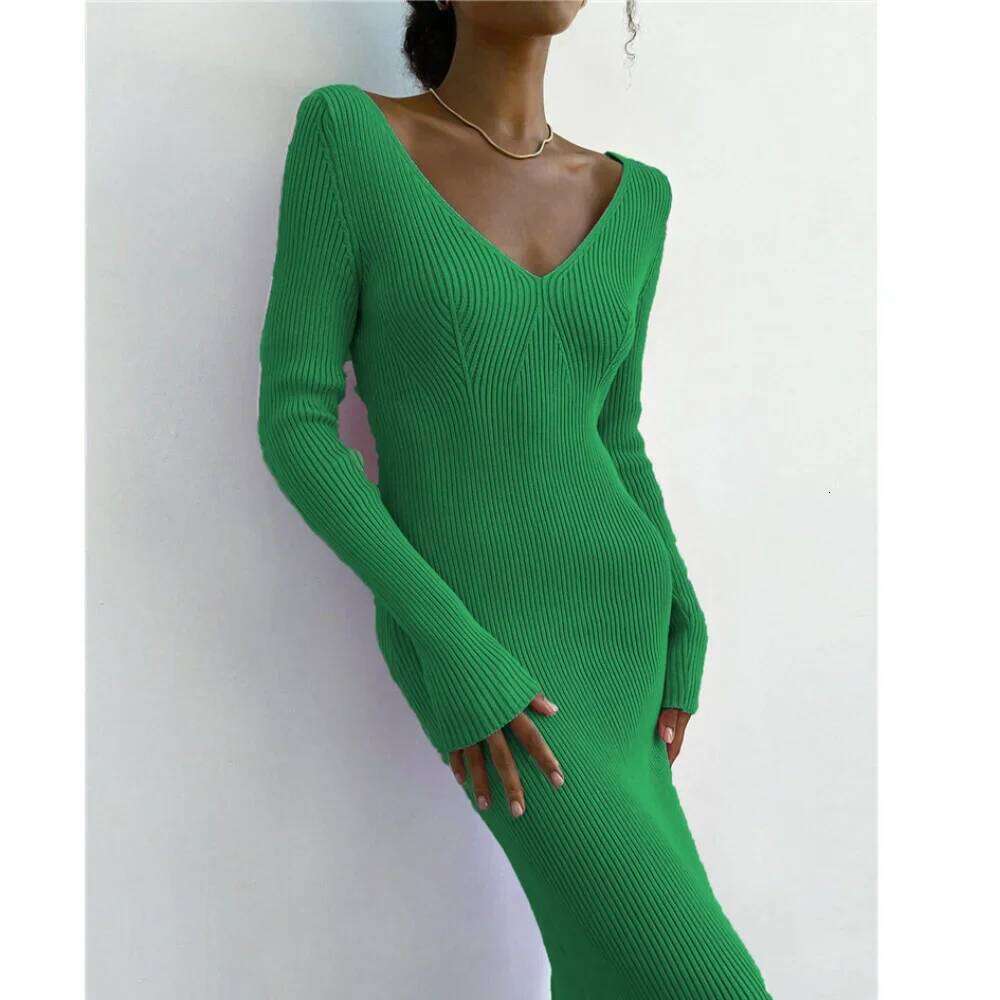 Women's Long Sleeve Knitted Dress, V-Neck, Commuter, Slim Fit, Monochromatic, Autumn, Winter, New Z260313
