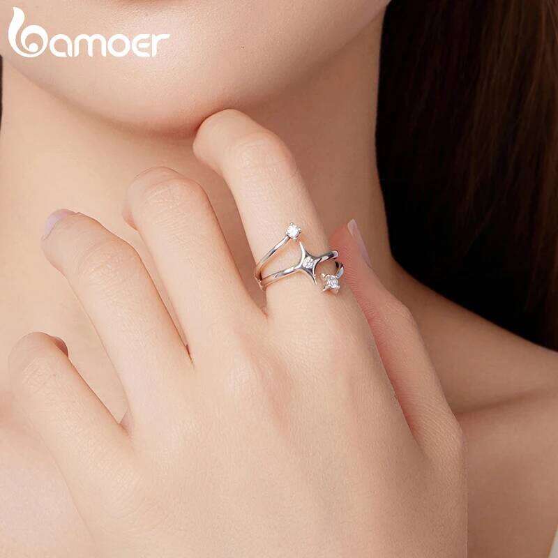 BAMOER Solid 925 Sterling Silver Starry Adjustable Ring Three-layer Minimalist CZ Jewelry Birthday Gift Original for Women H260312