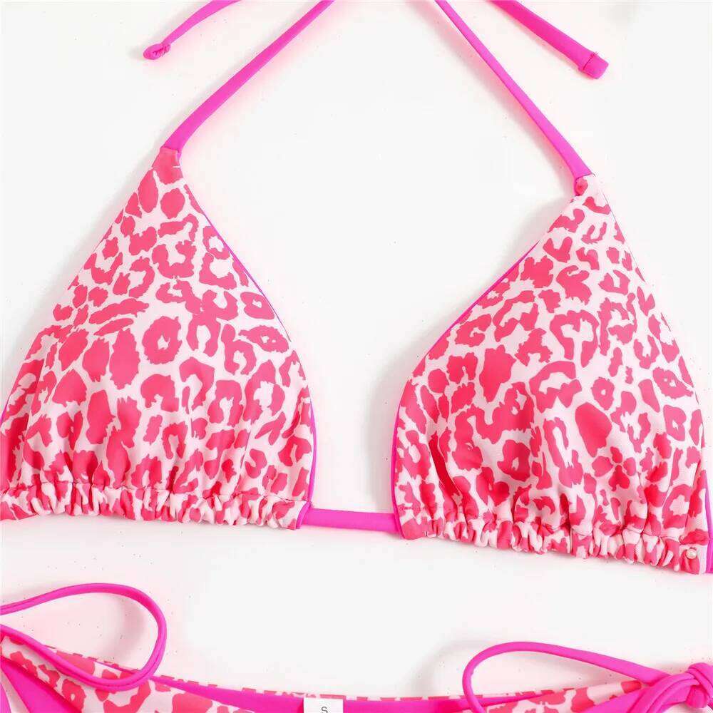 Pink Leopard Print Triangle Bikinis Sets Sexy Swimsuit 2025 Micro Thong Swimwear Bathing Suit String Halter Bikini Mujer Biquini Y260303